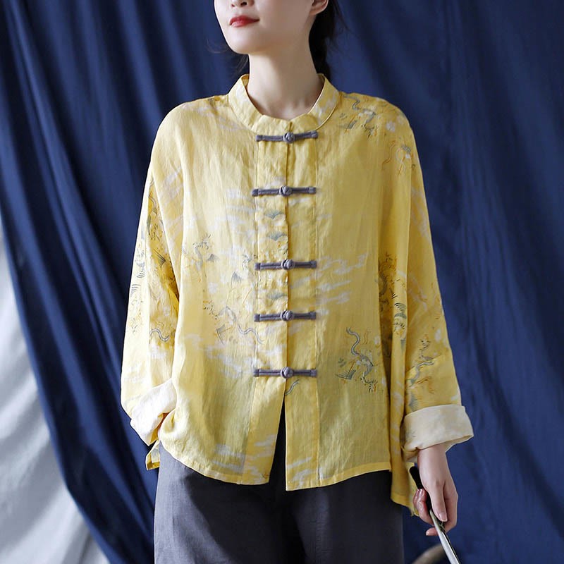 Yellow Phoenix Print Frog-button Design Long Sleeve Ramie Linen Jacket Shirt