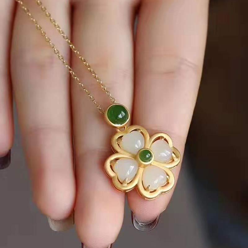 925 Sterling Silver Lucky Four Leaf Clover Jade Prosperity Necklace Chain Pendant