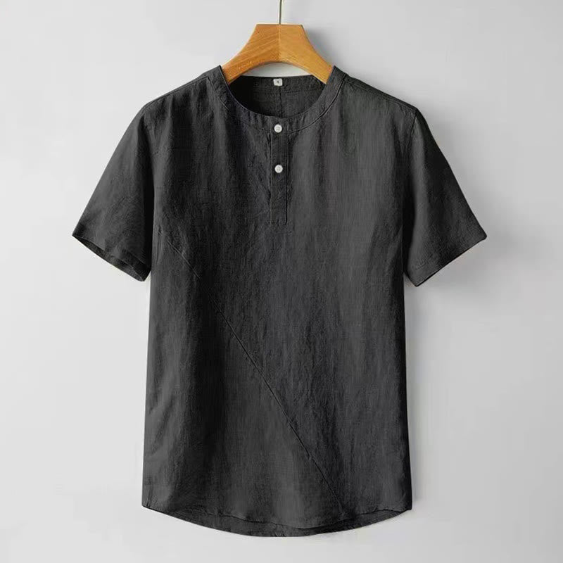 Summer Men's Solid Color Button Short Sleeve Linen Shirt