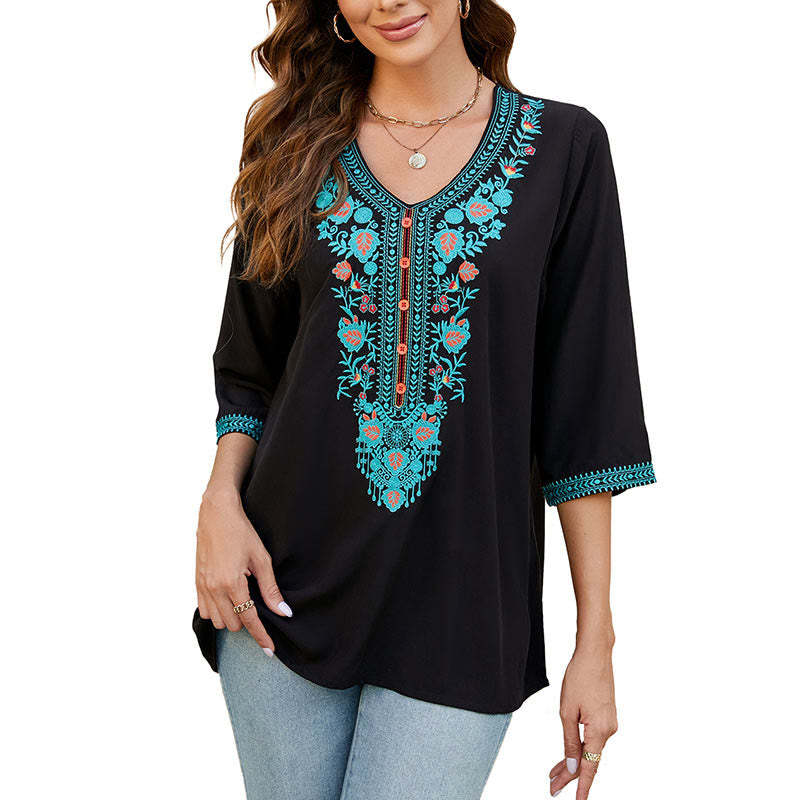 Summer Casual Embroidery Flower Leaf Half Sleeve V-neck Cotton Women's T-Shirt