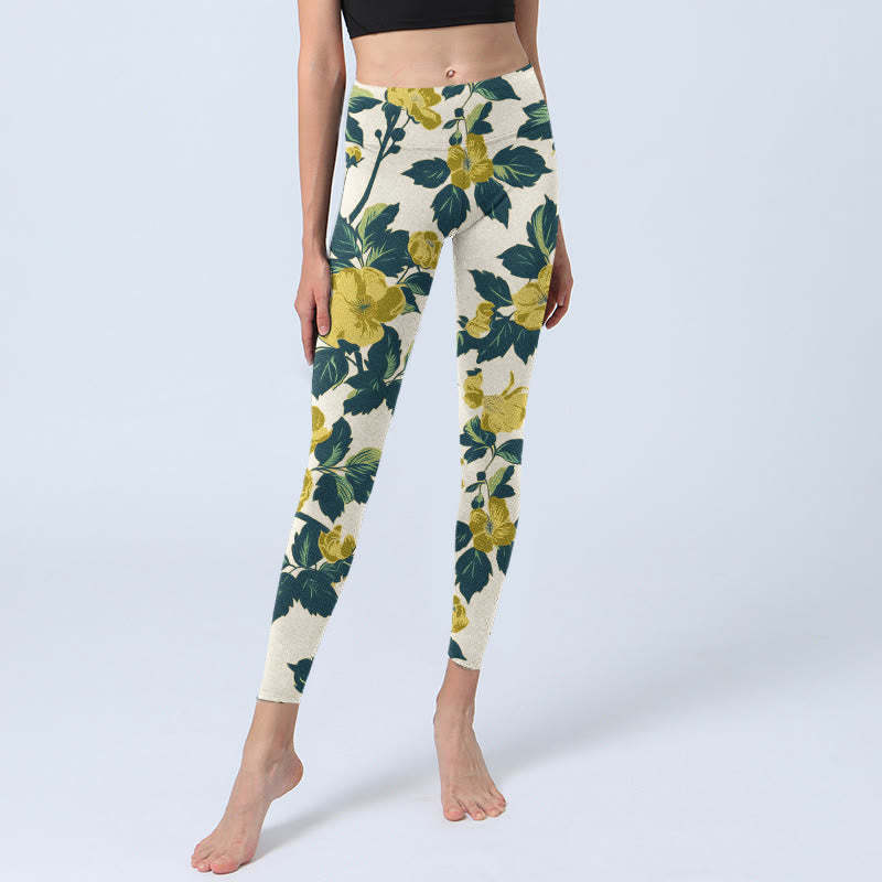 Yellow Flowers Green Leaves Print Gym Fitness Leggings Women's Yoga Pants