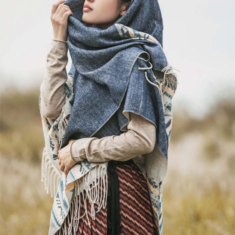 Tibetan Geometric Rhombus Pattern Tassels Shawl Fall Winter Warm Cozy Scarf Wrap