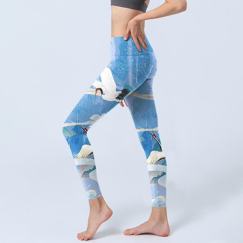 Mountain Auspicious Cloud Red-crowned Crane Pattern Print Gym Leggings Women's Yoga Pants