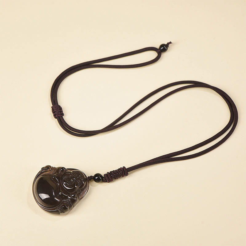 Natural Black Obsidian Ice Obsidian Laughing mystic zen Purification Necklace Pendant