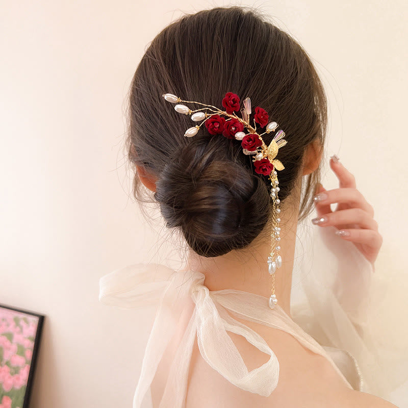 Classical Chinese Wedding Bridal Red Rose Hair Clip