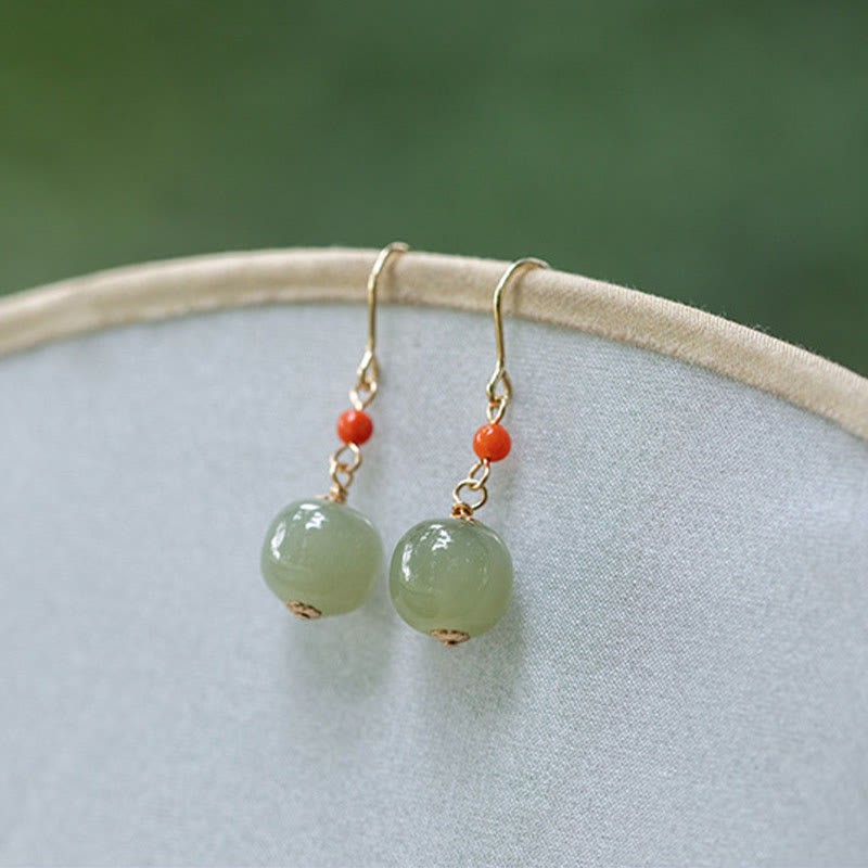 925 Sterling Silver 14K Gold Plated Hetian Jade Red Agate Luck Drop Dangle Earrings
