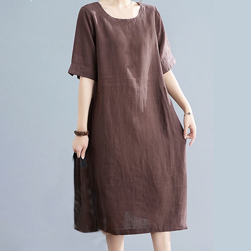 Casual Loose Solid Color Cotton Linen Crew Neck Half Sleeve Design Midi Dress With Pockets