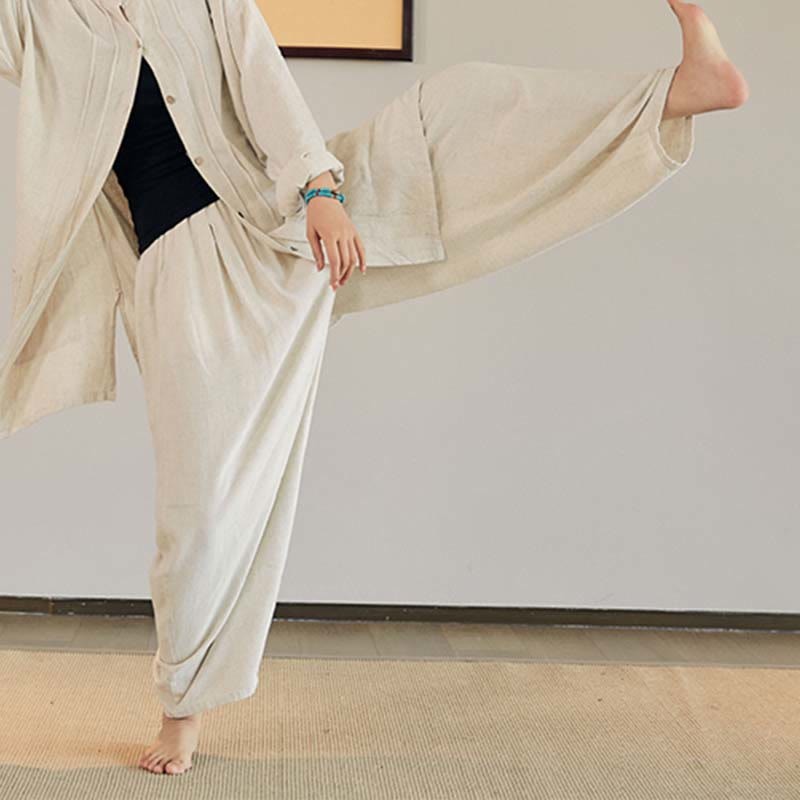 Plain Long Sleeve Coat Jacket Top Wide Leg Pants Zen Tai Chi Yoga Meditation Clothing