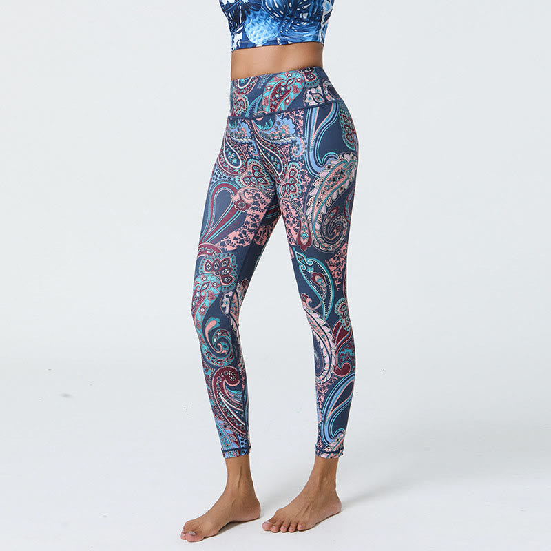 Flowers Feathers Sun Moon Print Sports Fitness Yoga High Waist Leggings Women's Pants