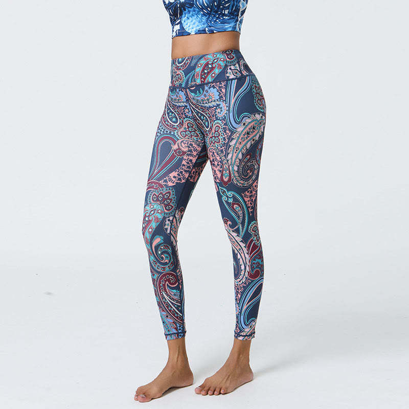Flowers Feathers Sun Moon Print Sports Fitness Yoga High Waist Leggings Women's Pants