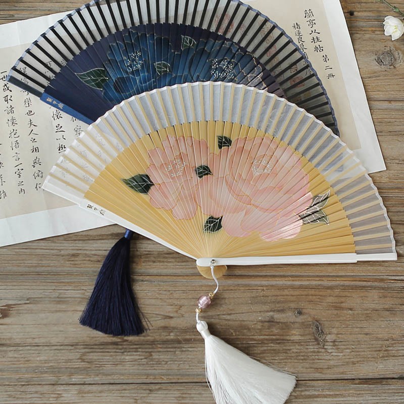 Peony Flowers Silk Handheld Bamboo Folding Fan