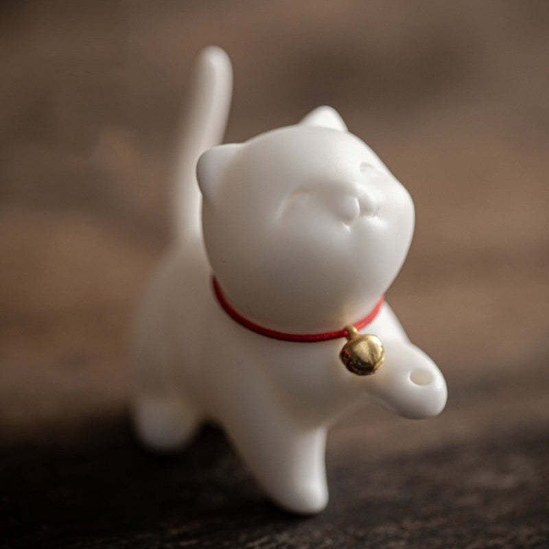 Mini Lucky Cat Kitten Tea Pet Ceramic Home Desk Figurine Decoration With Bamboo Mat