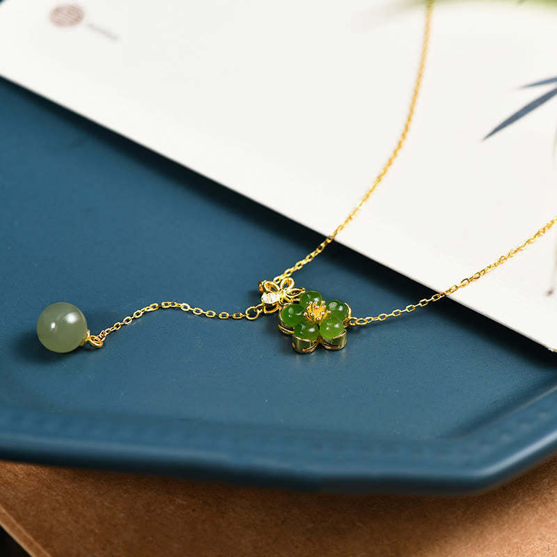 925 Sterling Silver Hetian Cyan Jade Plum Flower Blossom Design Luck Necklace Pendant