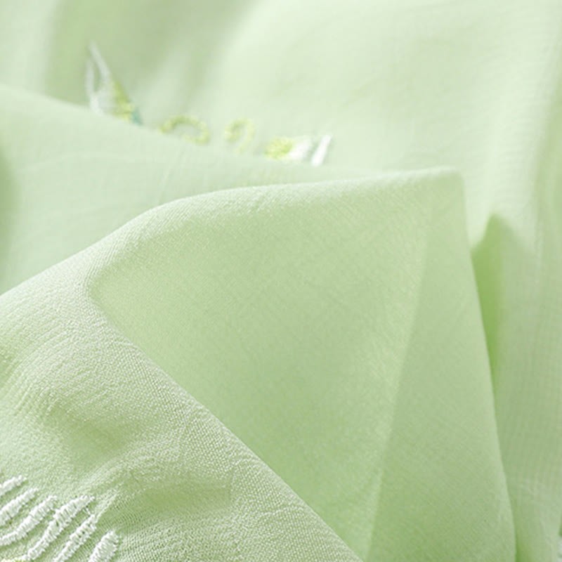 Embroidery Plants Flower Half Sleeve Plain Frog-Button Stand Collar Women's Shirt