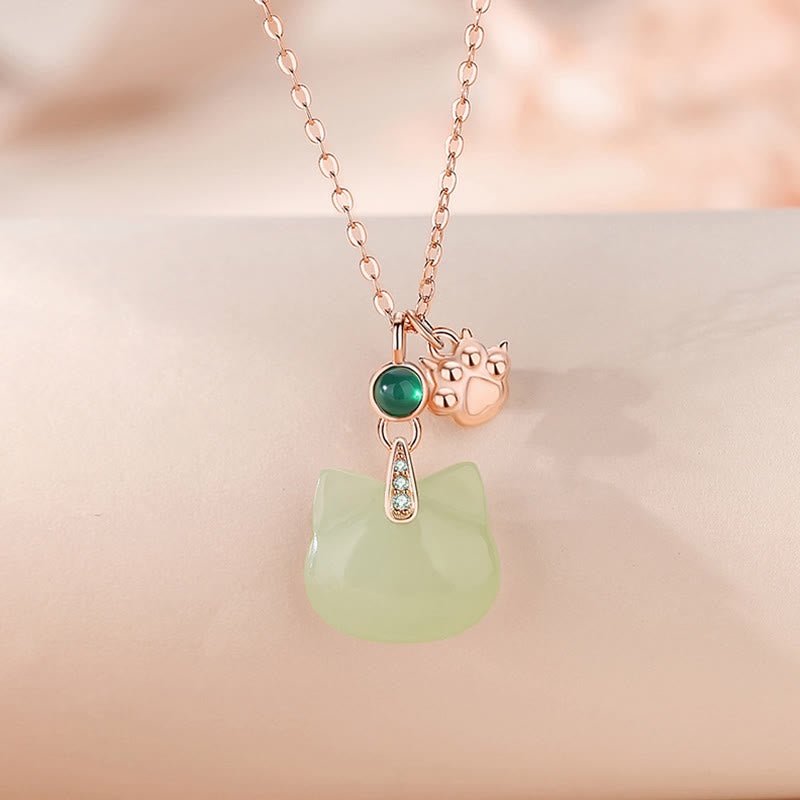 Hetian Jade 925 Sterling Silver Plated Gold Cat Head Cat Paw Abundance Necklace Pendant
