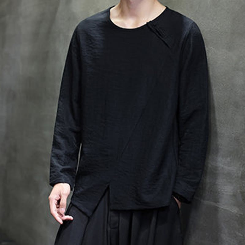 Fall Solid Round Neck Long Sleeve T-Shirt Cotton Men Clothing