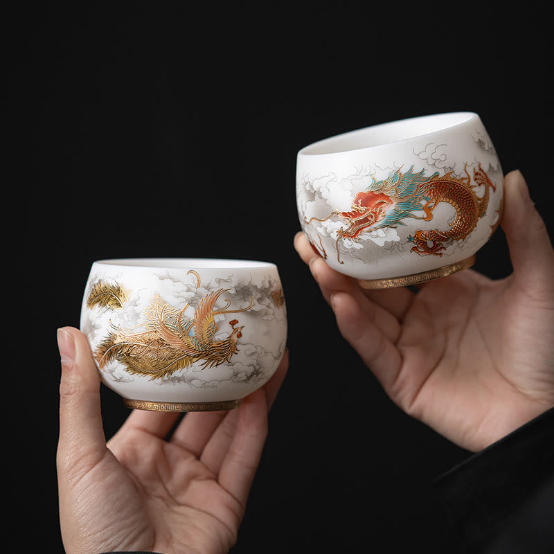 Phoenix Dragon Lotus Deer Ancient Building Koi Fish Ceramic Teacup Kung Fu Tea Cups