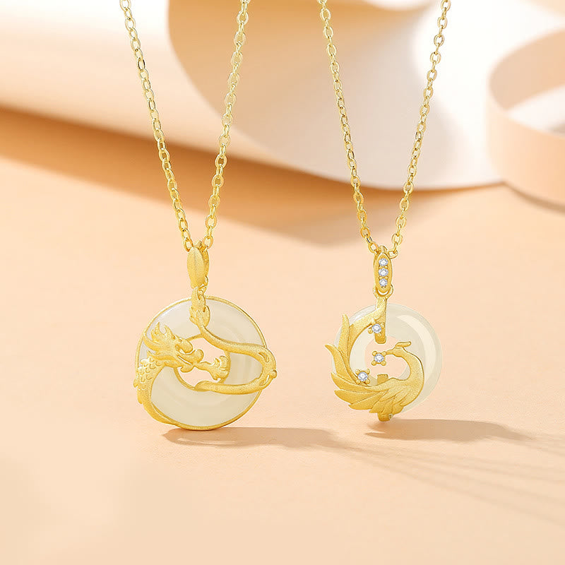 925 Sterling Silver Year of the Dragon Hetian Jade Golden Dragon Phoenix Peace Buckle Luck Necklace Pendant