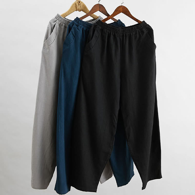 Plain Color Elastic Waist Ramie Linen Men's Pants With Pockets