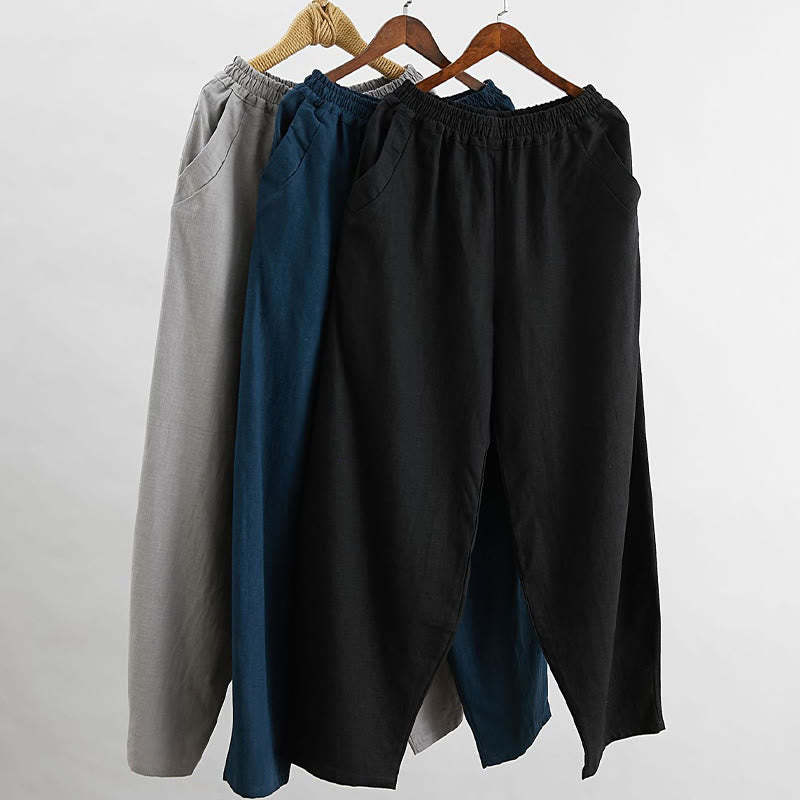 Plain Color Elastic Waist Ramie Linen Men's Pants With Pockets