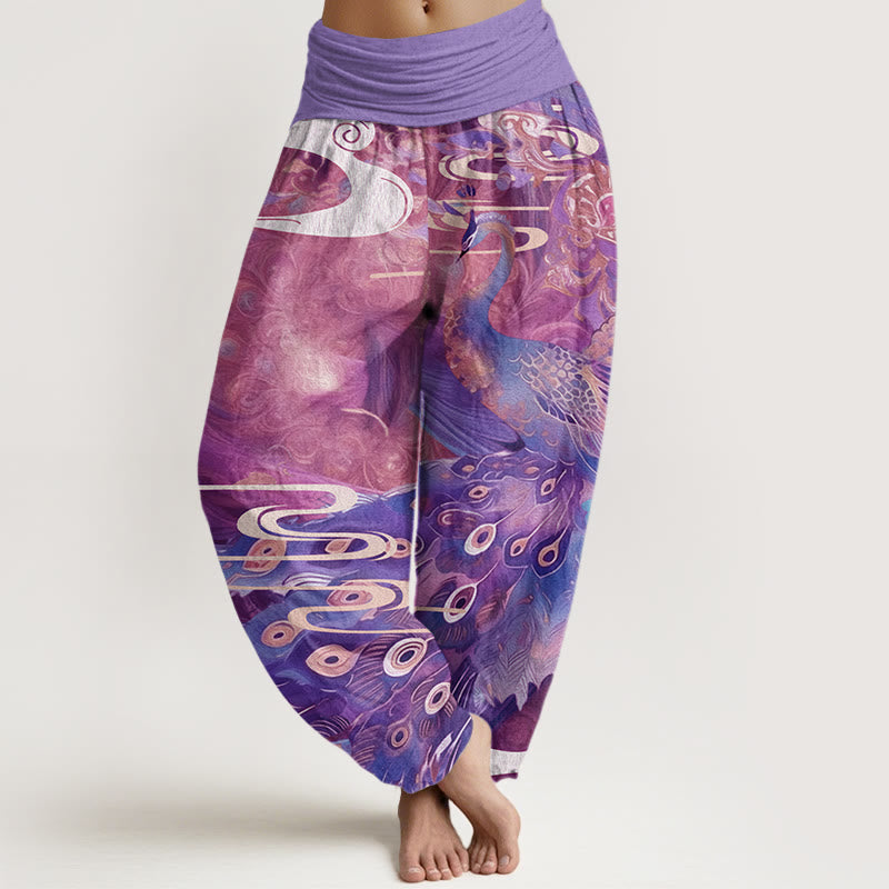 Vibrant Peacock Auspicious Clouds Pattern Women's Elastic Waist Harem Pants