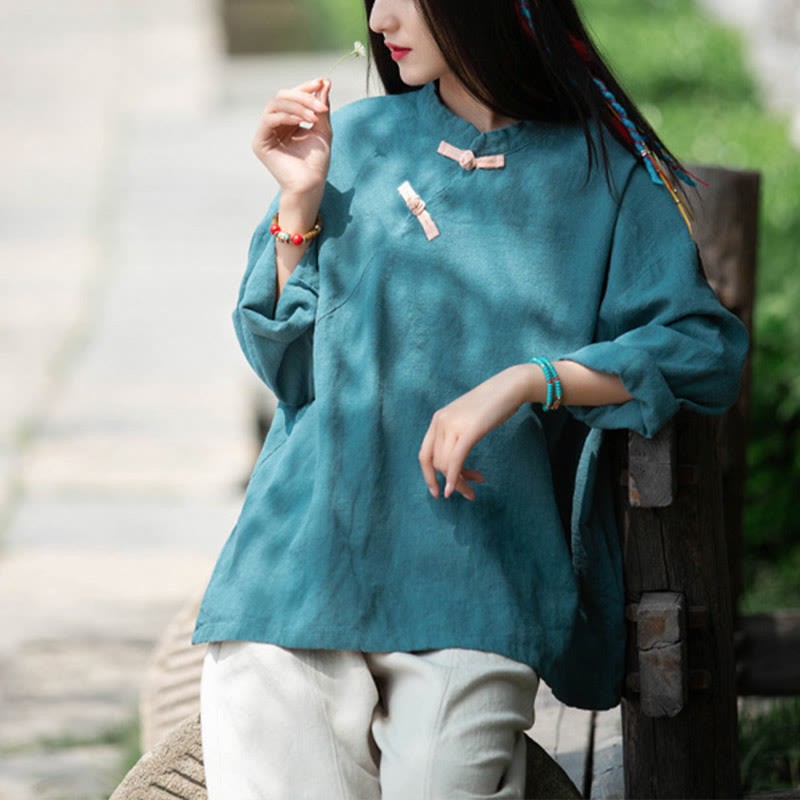 Ramie Linen Loose Blouse Women Long Sleeve Shirt Chinese Hanfu Top