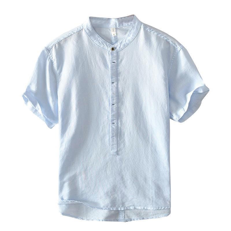 Causal Simple Design Short Sleeve Cotton Linen Half Button Men's Shirt