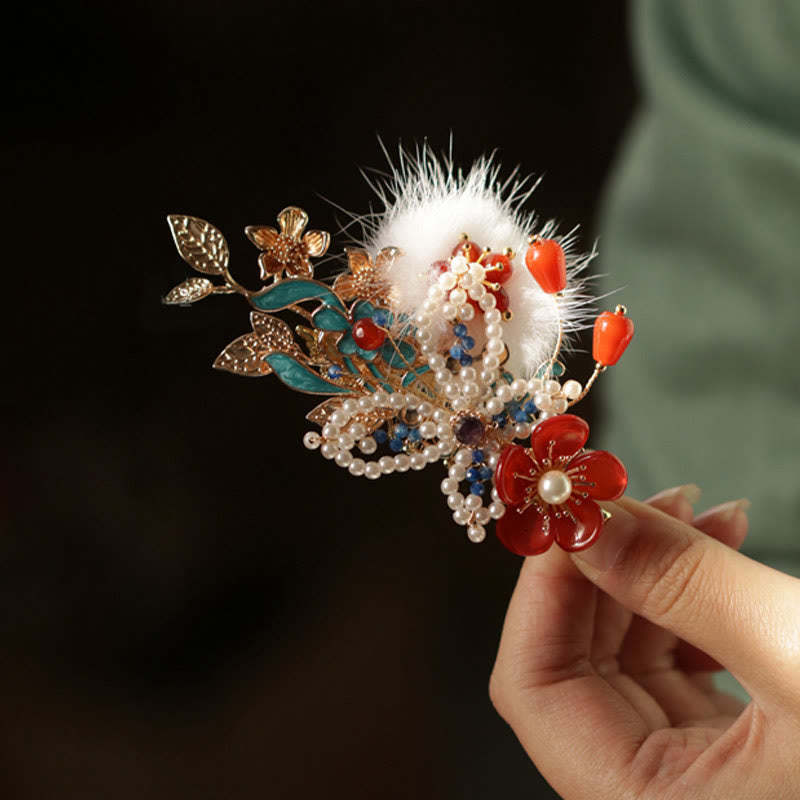 Classical Chinese Style Red Flower Butterfly Pearl Hair Clip