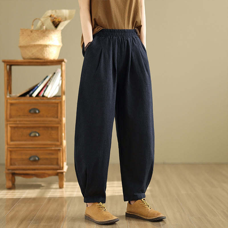 Casual Solid Color Tapered Elastic Waistband Cotton Linen Women's Pants With Pockets