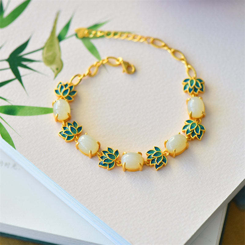 White Jade Cyan Jade Lotus Protection Bracelet