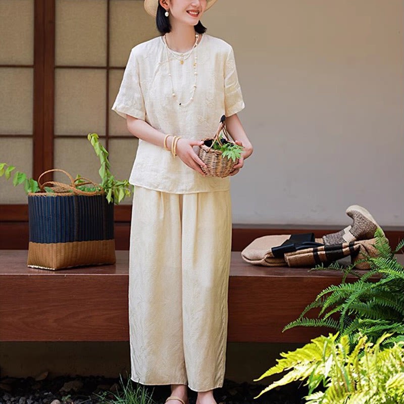 Ramie Linen Loose Blouse Short Sleeve Shirt Chinese Style Top