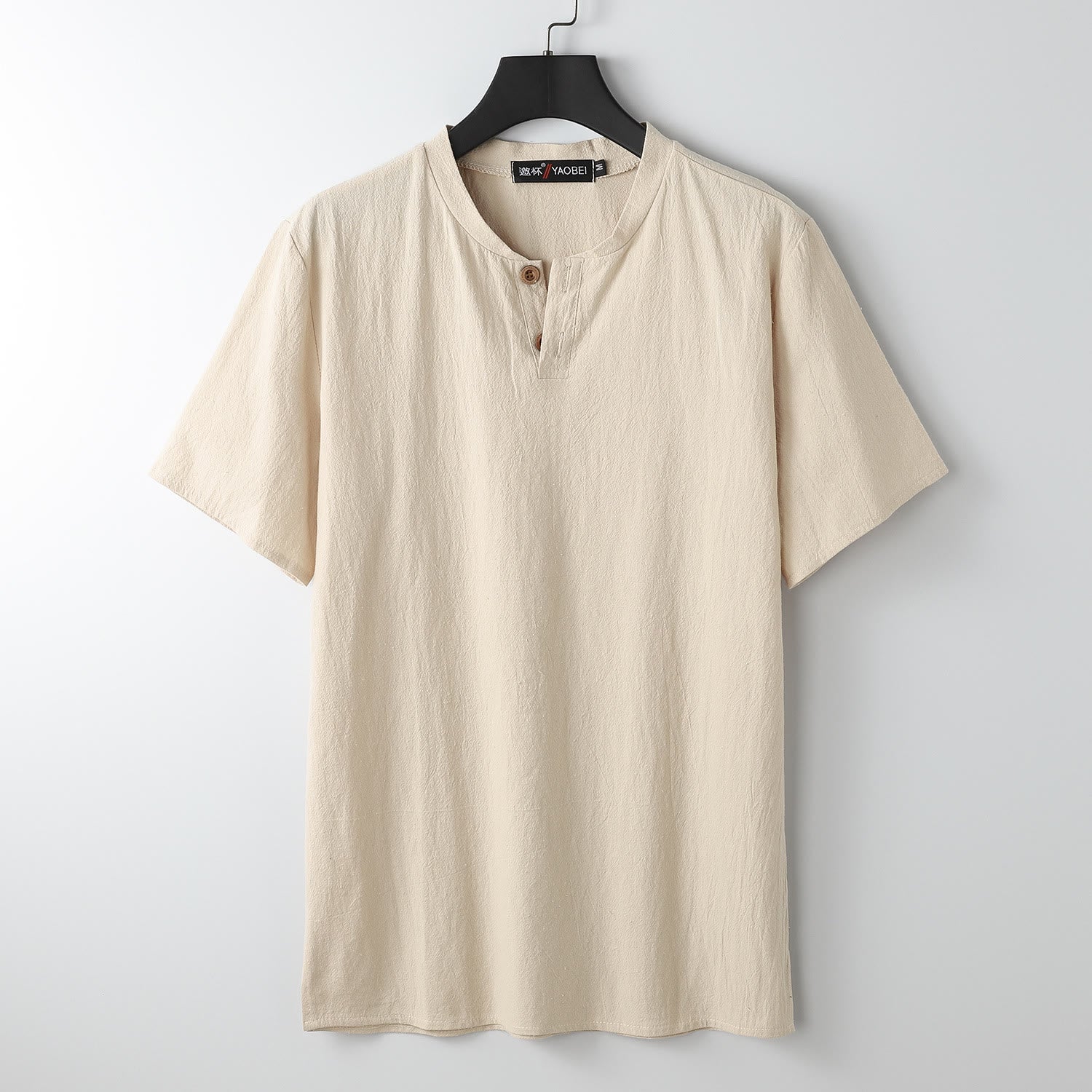 Loose Men's T-shirt Solid Color Top Short Sleeve Button Notched Neck Soft Cotton Linen Shirt
