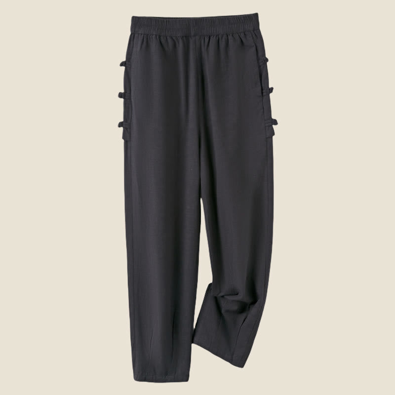 Casual Frog-button Plain Women's Cotton Linen Pants With Pockets
