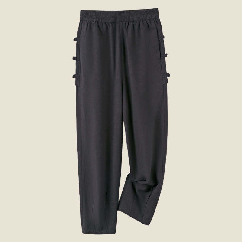 Casual Frog-button Plain Women's Cotton Linen Pants With Pockets