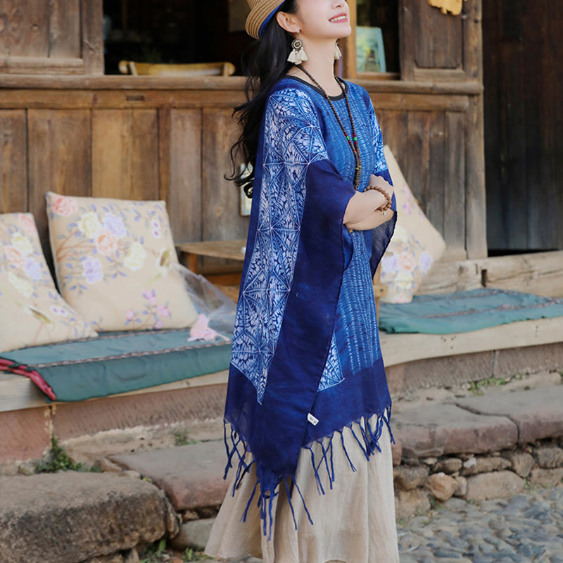 Blue Geometric Stripes Batik Shawl Tassels Cozy Travel Pullover 90*95cm