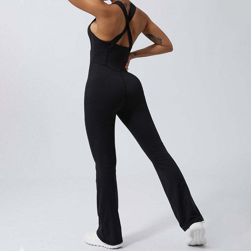 Women Workout Crisscross Sleeveless Flare Jumpsuit Sports Fitness Yoga Bodysuit