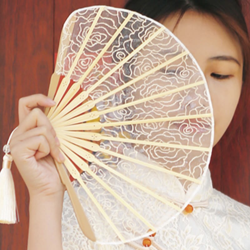 Rose Embroidery Lace Shell Shape Tassels Handheld Bamboo Folding Fan