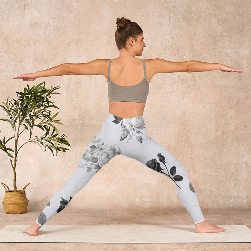 Black White Rose Gym Leggings Women's Yoga Pants