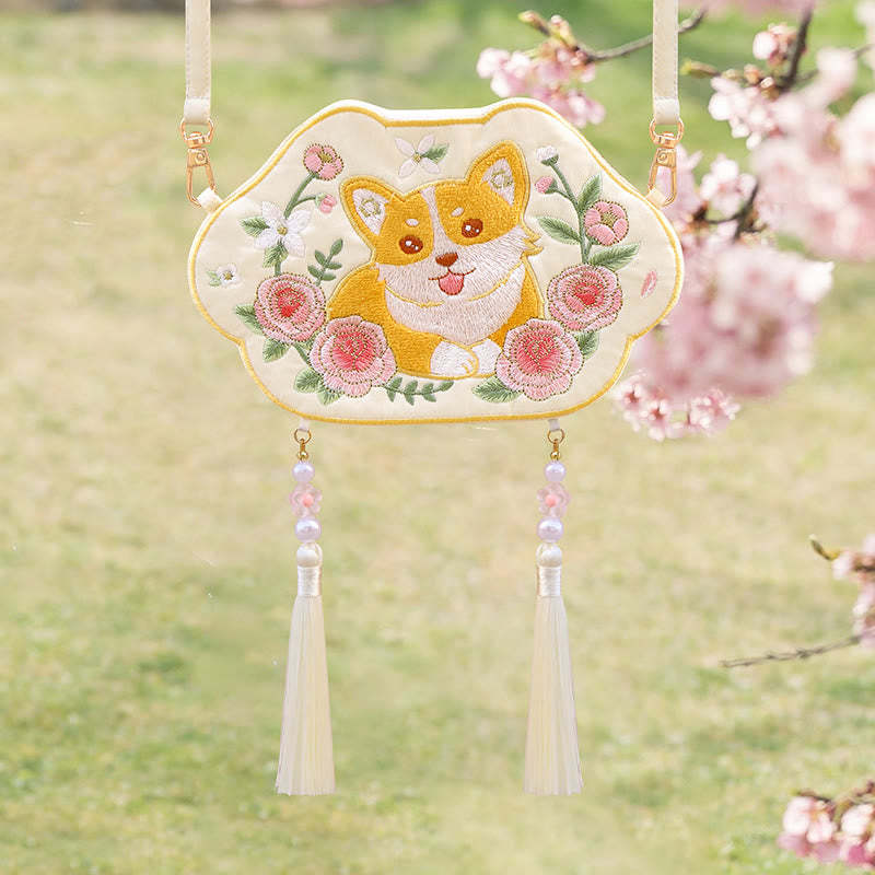 Embroidery Lucky Panda Cat Shiba Inu Deer Rabbit Fox Flower Cute Animal Hanfu Bag Crossbody Bag Shoulder Bag