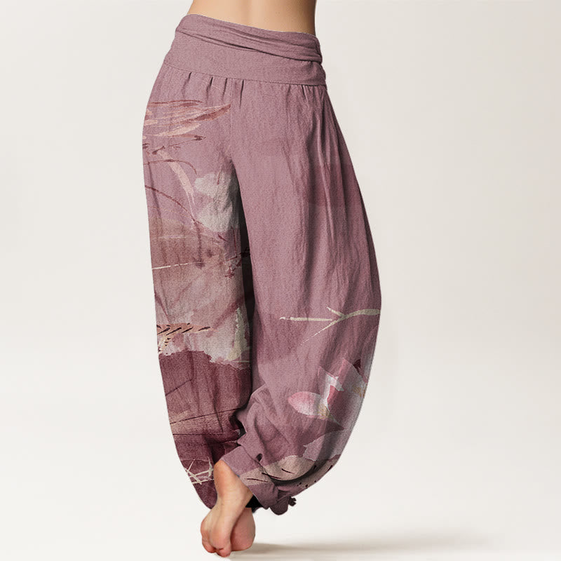 Pink Lotus Leaves Bird Pattern Women's Elastic Waist Harem Pants