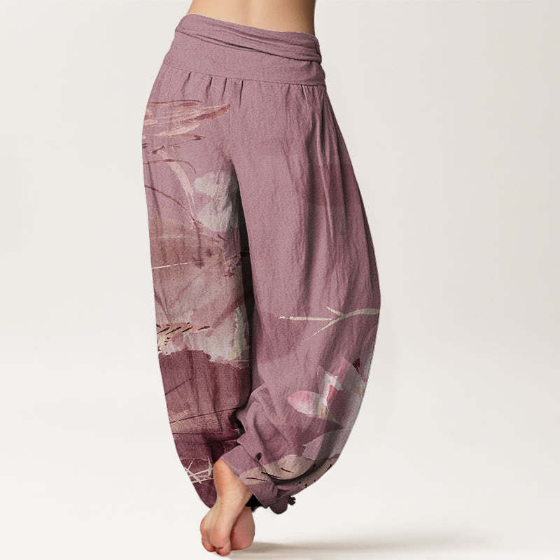 Pink Lotus Leaves Bird Pattern Women's Elastic Waist Harem Pants