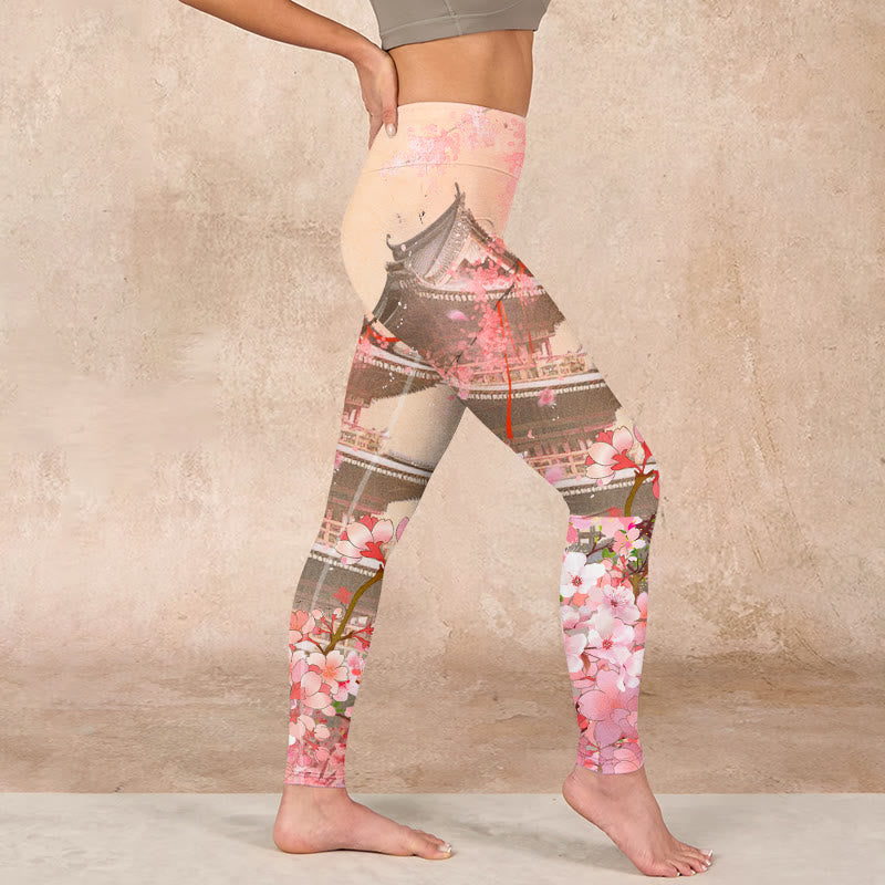 Pink Sakura Antique Building Print Fitness Leggings Women's Yoga Pants