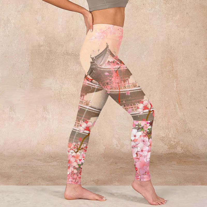 Pink Sakura Antique Building Print Fitness Leggings Women's Yoga Pants