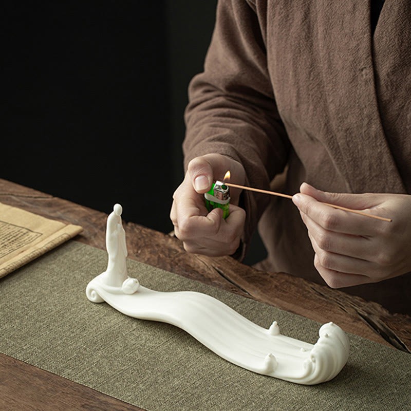 mystic zen Monk Ceramic Sea Wave Mountain Blessing Incense Burner Decoration