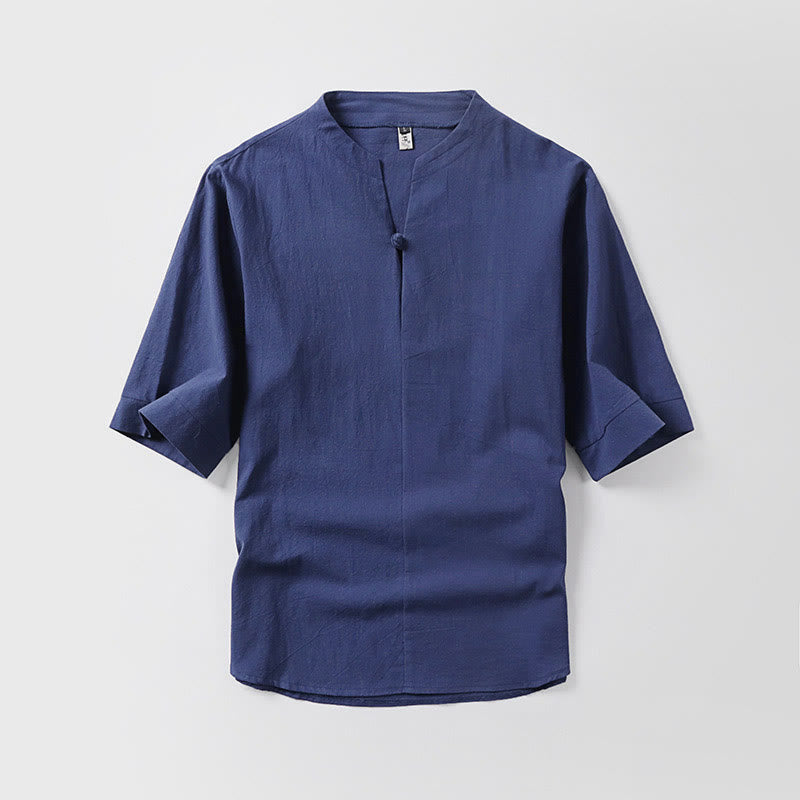 Casual Plain Color One Button Three Quarter Sleeve Cotton Linen Men's Shirt