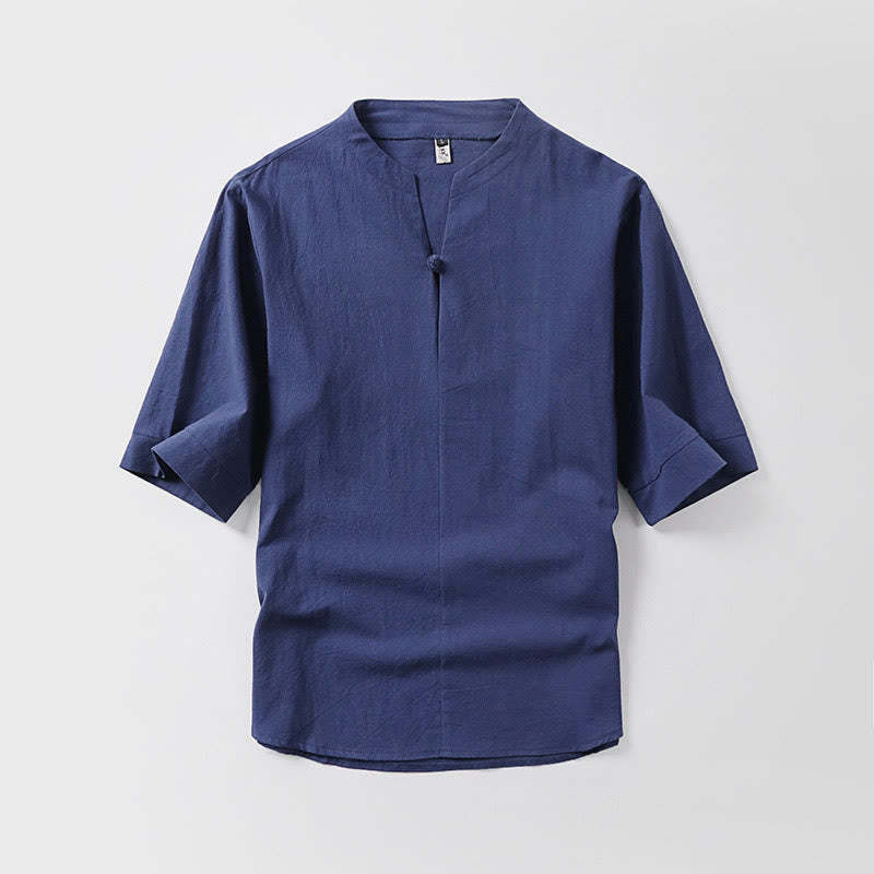Casual Plain Color One Button Three Quarter Sleeve Cotton Linen Men's Shirt