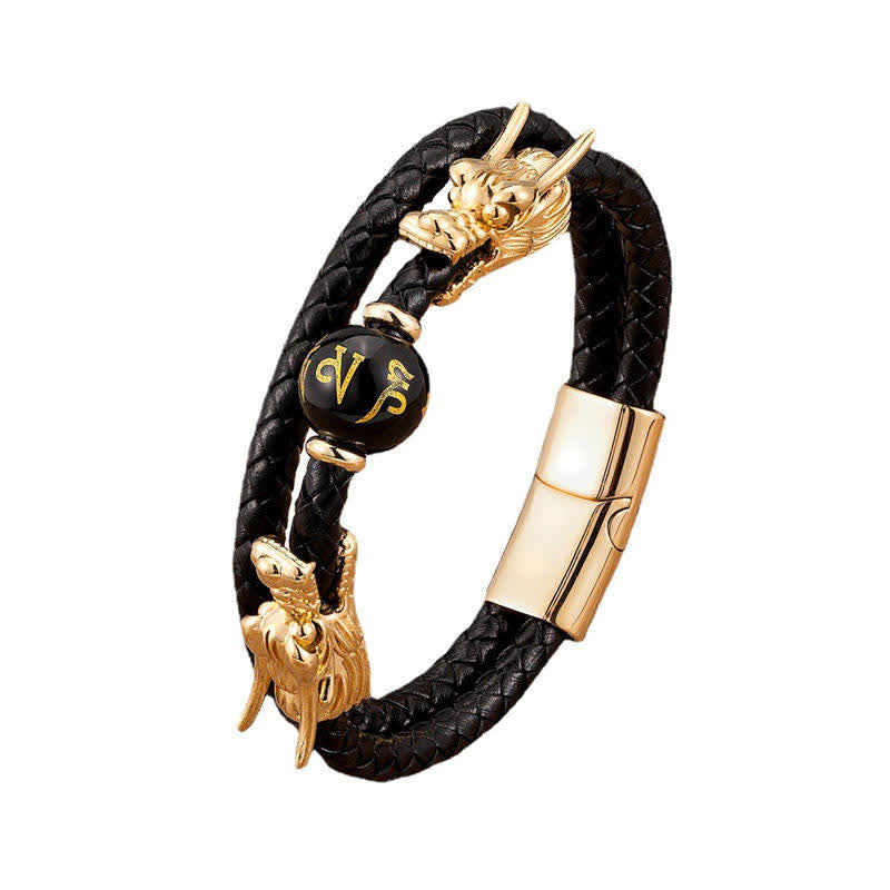 Double Dragon Head Leather Stone Titanium Steel Success Bracelet (Extra 35% Off | USE CODE: FS35)
