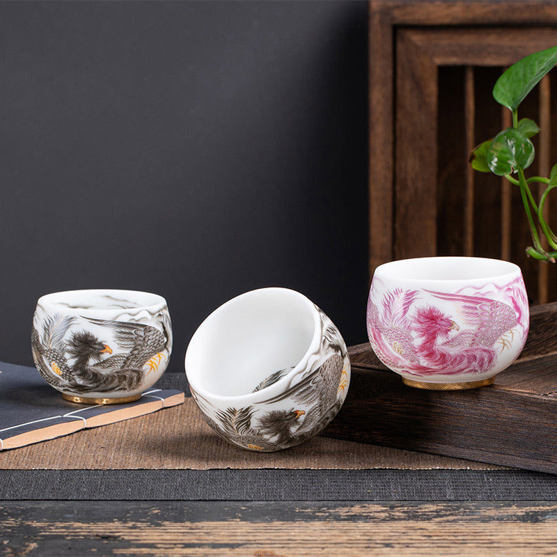 Phoenix White Porcelain Ceramic Teacup Kung Fu Tea Cup 185ml With Gift Box