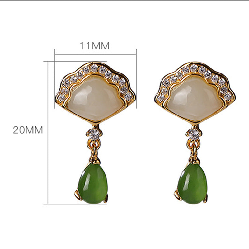 White Jade Cyan Jade Fan Water Drop Pattern Luck Drop Earrings