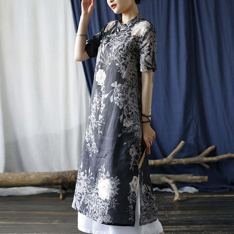 Ramie Linen Blue Flowers Leaves Cheongsam Dresses Short Sleeve Dress